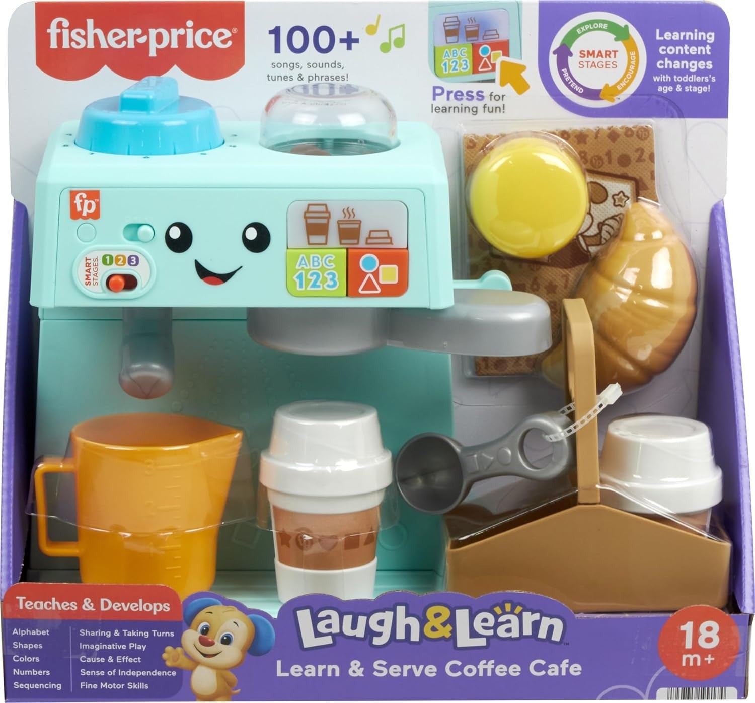 Fisher-Price, Minha Primeira Máquina de Café com 3 Níveis de Aprendizado, 10 Acessórios e +100 Músicas e Sons, Brinquedo para Bebês, A partir de 18 meses
