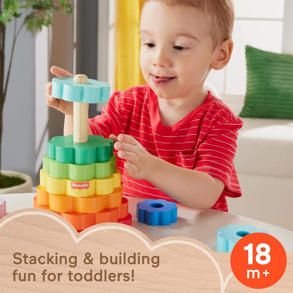 Fisher-Price Pirâmide de aros empilhável, brinquedo para empilhar peças em forma de flor de cores fabricadas em material certificado FSC, conjunto + 18 meses (HXT77)
