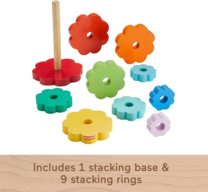 Fisher-Price Pirâmide de aros empilhável, brinquedo para empilhar peças em forma de flor de cores fabricadas em material certificado FSC, conjunto + 18 meses (HXT77)
