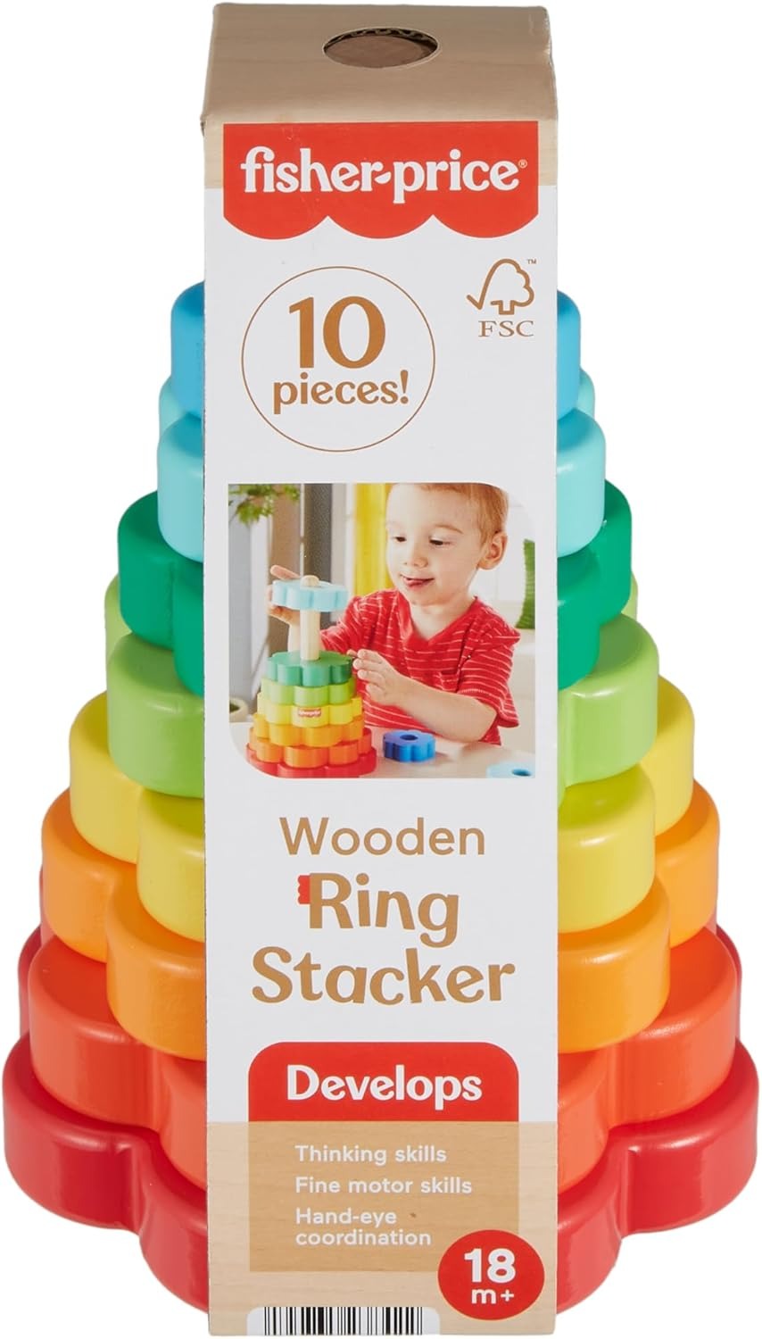 Fisher-Price Pirâmide de aros empilhável, brinquedo para empilhar peças em forma de flor de cores fabricadas em material certificado FSC, conjunto + 18 meses (HXT77)