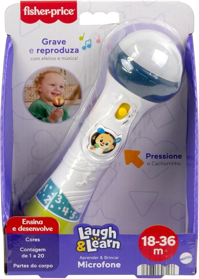 Microfone Brinquedo Bebê Fisher-Price Mattel. Luzes, sons, melodias e amplificador de voz para cantar e aprender com diversão. Ideal a partir dos 18 meses.