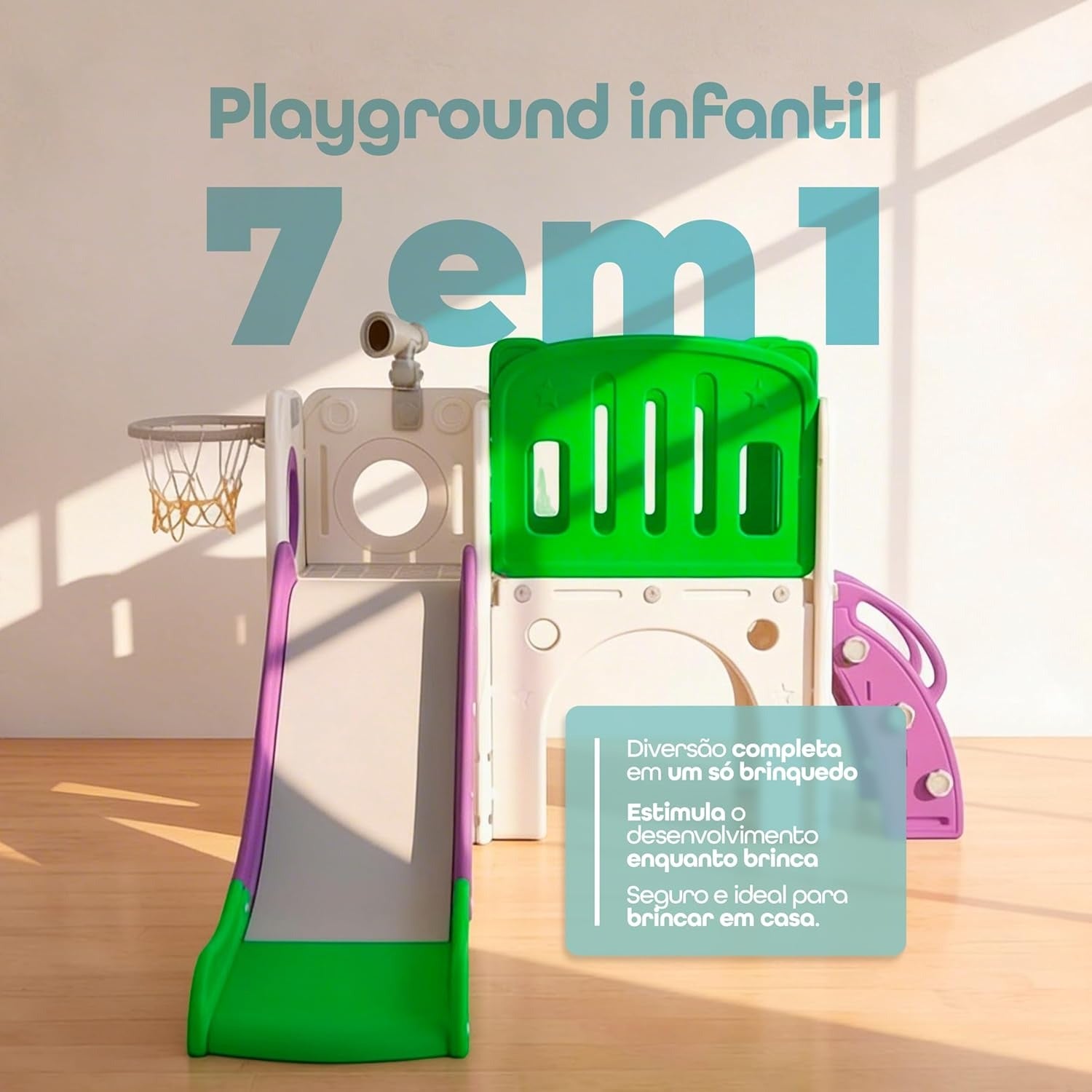 Freso Baby Playground Infantil 7x1 Mini Mundo Infinity 2 Torres, Para Crianças de 1 a 4 anos, Compacto e Fácil Montagem, com Escorregador, Cesta de Basquete e Bola, Escalada, Luneta