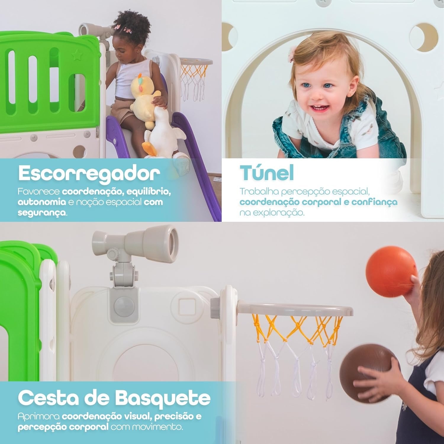Freso Baby Playground Infantil 7x1 Mini Mundo Infinity 2 Torres, Para Crianças de 1 a 4 anos, Compacto e Fácil Montagem, com Escorregador, Cesta de Basquete e Bola, Escalada, Luneta