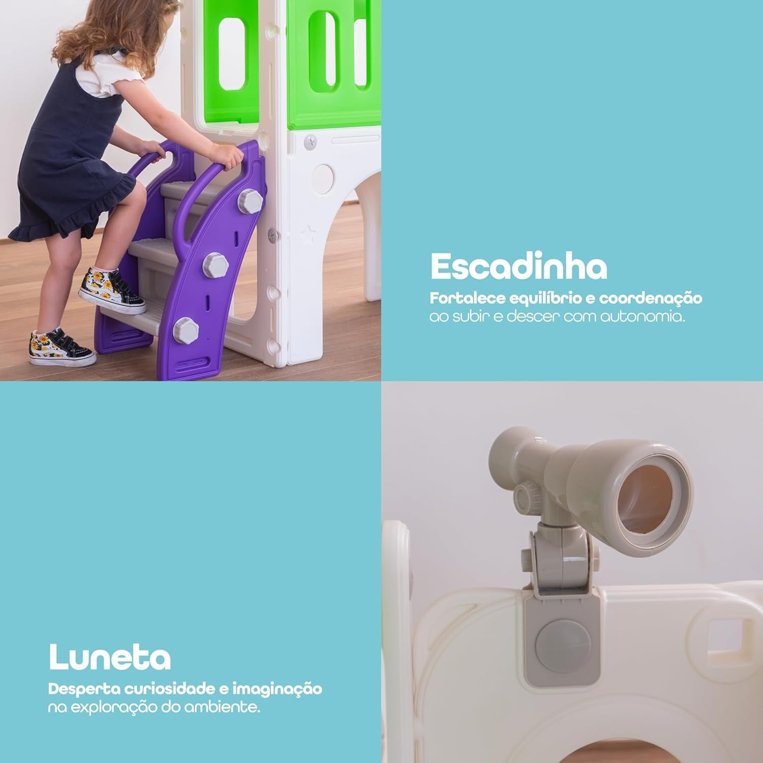 Freso Baby Playground Infantil 7x1 Mini Mundo Infinity 2 Torres, Para Crianças de 1 a 4 anos, Compacto e Fácil Montagem, com Escorregador, Cesta de Basquete e Bola, Escalada, Luneta
