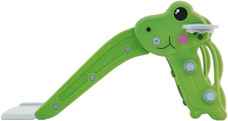 Escorregador Infantil Dobrável Dino Freso com Escada Antiderrapante, 2 Degraus, Cesta de Basquete e Bola, Brinquedo Seguro, Compacto e Resistente, Fácil de Montar, Para Crianças de 2 a 4 Anos (Verde)