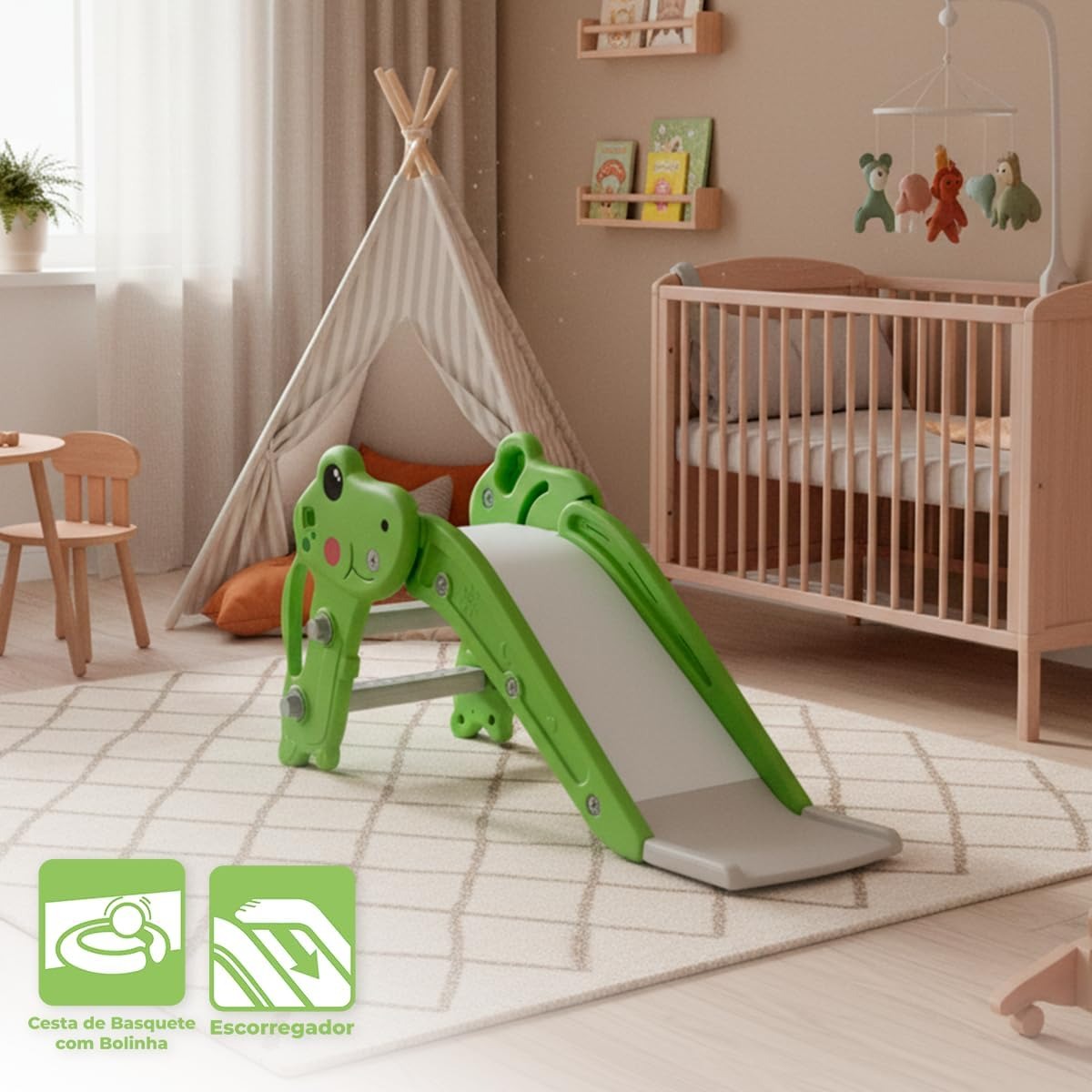 Escorregador Infantil Dobrável Dino Freso com Escada Antiderrapante, 2 Degraus, Cesta de Basquete e Bola, Brinquedo Seguro, Compacto e Resistente, Fácil de Montar, Para Crianças de 2 a 4 Anos (Verde)