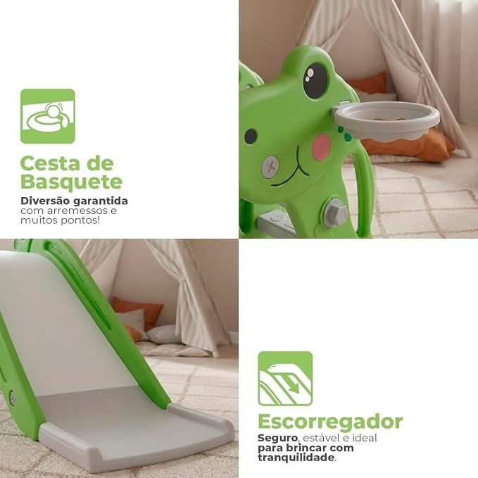 Escorregador Infantil Dobrável Dino Freso com Escada Antiderrapante, 2 Degraus, Cesta de Basquete e Bola, Brinquedo Seguro, Compacto e Resistente, Fácil de Montar, Para Crianças de 2 a 4 Anos (Verde)