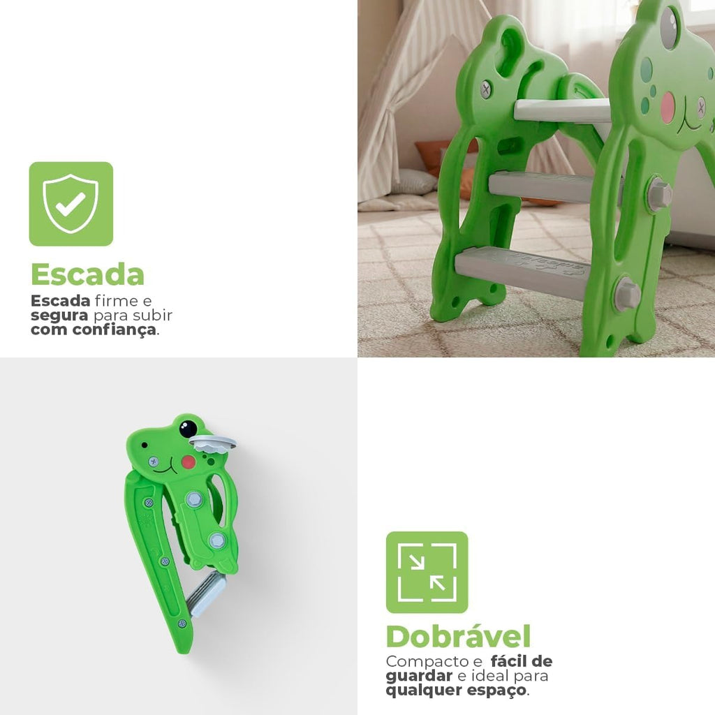 Escorregador Infantil Dobrável Dino Freso com Escada Antiderrapante, 2 Degraus, Cesta de Basquete e Bola, Brinquedo Seguro, Compacto e Resistente, Fácil de Montar, Para Crianças de 2 a 4 Anos (Verde)
