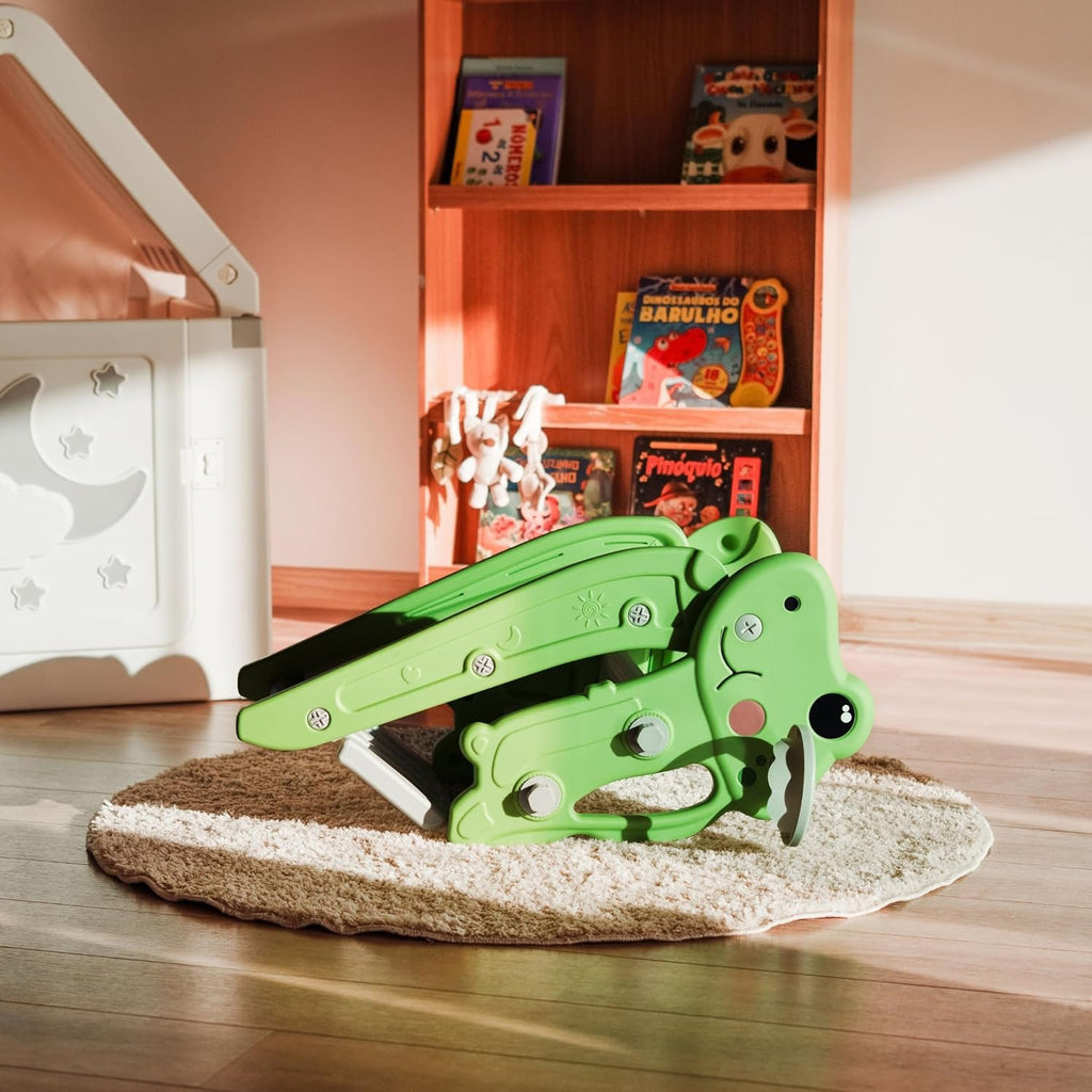 Escorregador Infantil Dobrável Dino Freso com Escada Antiderrapante, 2 Degraus, Cesta de Basquete e Bola, Brinquedo Seguro, Compacto e Resistente, Fácil de Montar, Para Crianças de 2 a 4 Anos (Verde)