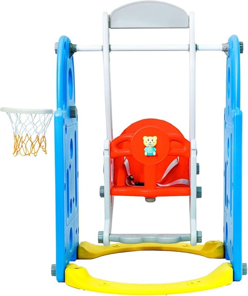 Balanço Infantil Playground 2 em 1 de Plástico com Cesta de Basquete e Bola, Brinquedo Seguro, Resistente, Fácil Montagem e Limpeza, para Crianças de 2 a 6 Anos Uso Interno e Externo (Azul)
