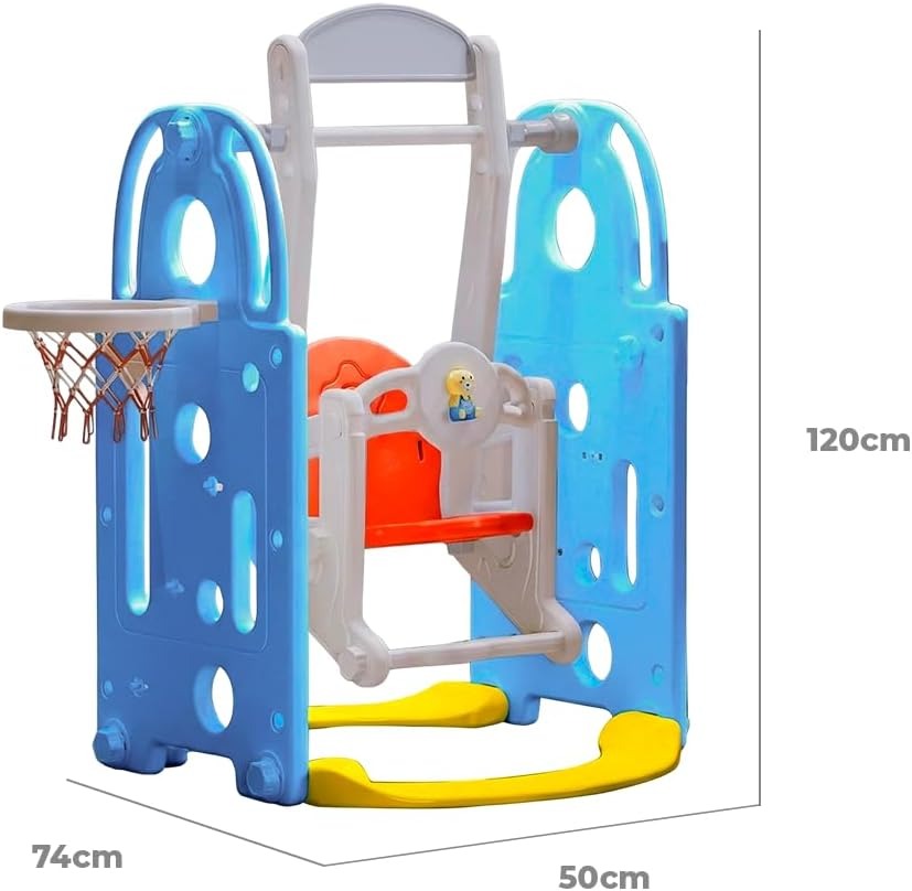 Balanço Infantil Playground 2 em 1 de Plástico com Cesta de Basquete e Bola, Brinquedo Seguro, Resistente, Fácil Montagem e Limpeza, para Crianças de 2 a 6 Anos Uso Interno e Externo (Azul)