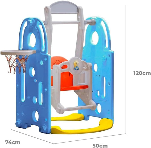 Balanço Infantil Playground 2 em 1 de Plástico com Cesta de Basquete e Bola, Brinquedo Seguro, Resistente, Fácil Montagem e Limpeza, para Crianças de 2 a 6 Anos Uso Interno e Externo (Azul)