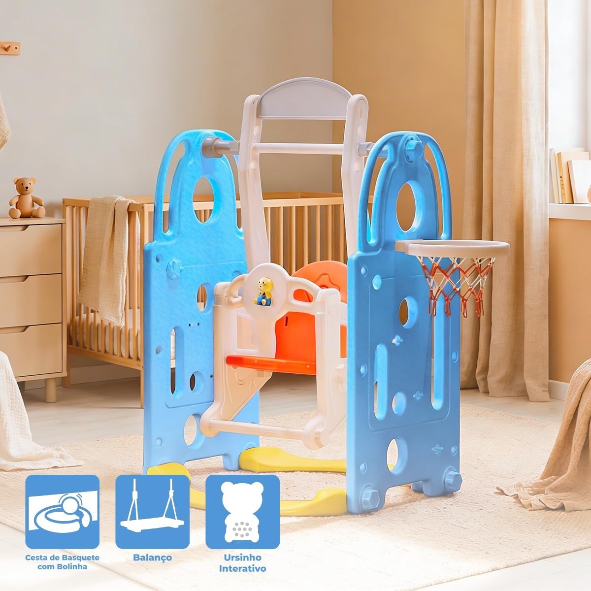 Balanço Infantil Playground 2 em 1 de Plástico com Cesta de Basquete e Bola, Brinquedo Seguro, Resistente, Fácil Montagem e Limpeza, para Crianças de 2 a 6 Anos Uso Interno e Externo (Azul)
