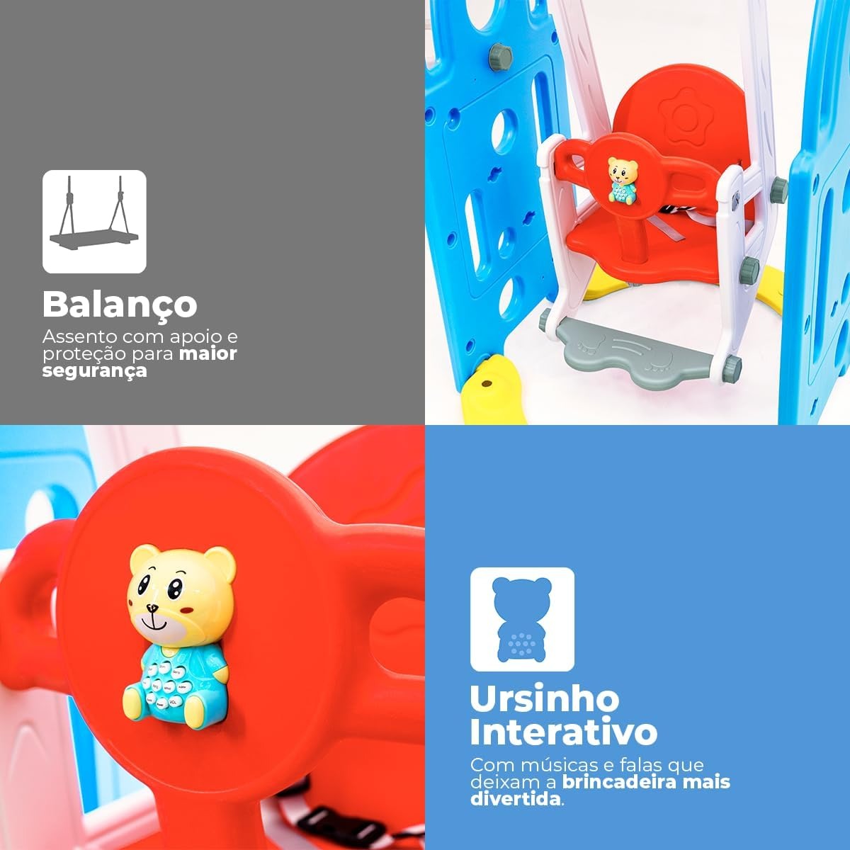 Balanço Infantil Playground 2 em 1 de Plástico com Cesta de Basquete e Bola, Brinquedo Seguro, Resistente, Fácil Montagem e Limpeza, para Crianças de 2 a 6 Anos Uso Interno e Externo (Azul)