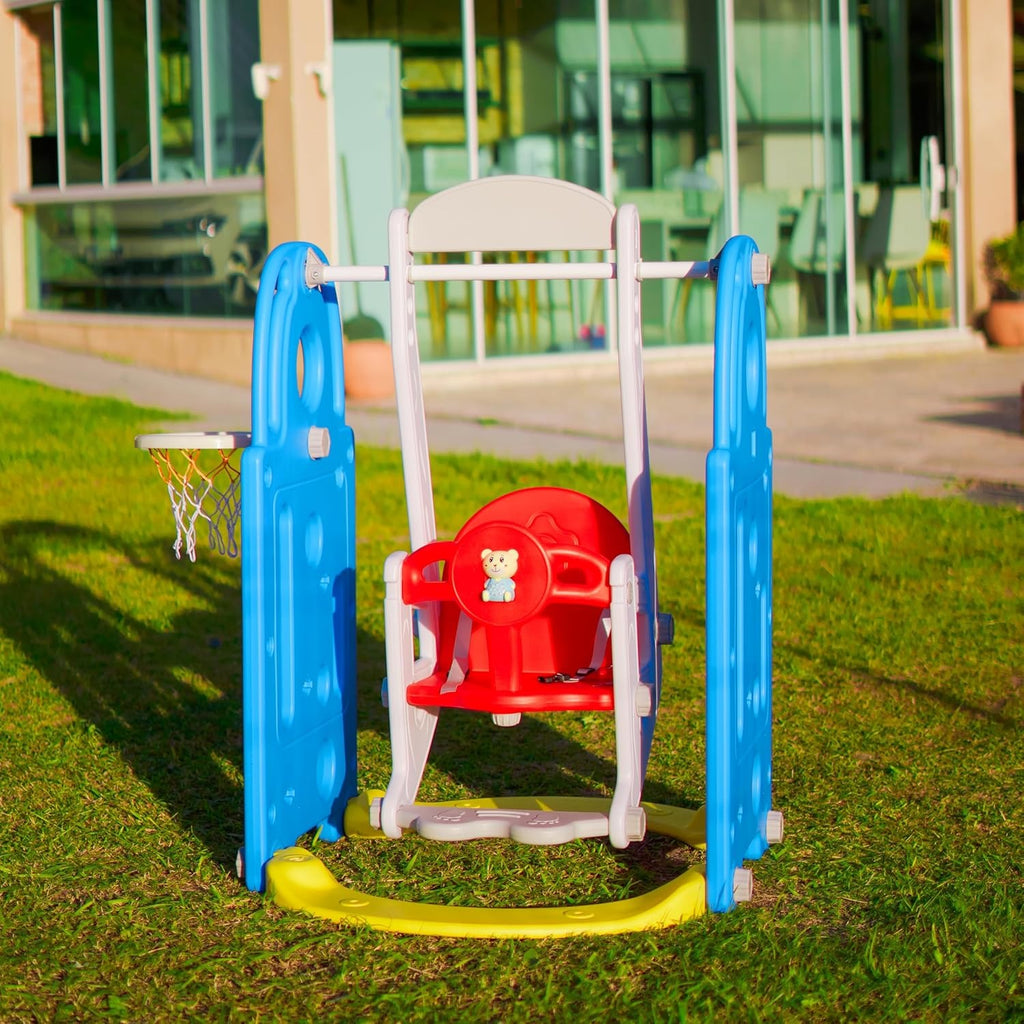 Balanço Infantil Playground 2 em 1 de Plástico com Cesta de Basquete e Bola, Brinquedo Seguro, Resistente, Fácil Montagem e Limpeza, para Crianças de 2 a 6 Anos Uso Interno e Externo (Azul)