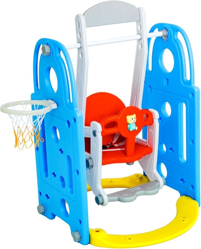 Balanço Infantil Playground 2 em 1 de Plástico com Cesta de Basquete e Bola, Brinquedo Seguro, Resistente, Fácil Montagem e Limpeza, para Crianças de 2 a 6 Anos Uso Interno e Externo (Azul)