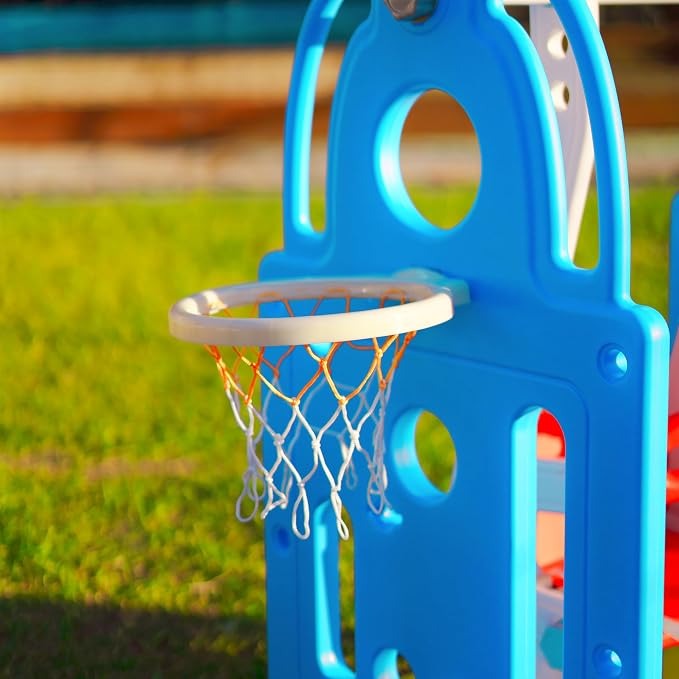 Balanço Infantil Playground 2 em 1 de Plástico com Cesta de Basquete e Bola, Brinquedo Seguro, Resistente, Fácil Montagem e Limpeza, para Crianças de 2 a 6 Anos Uso Interno e Externo (Azul)