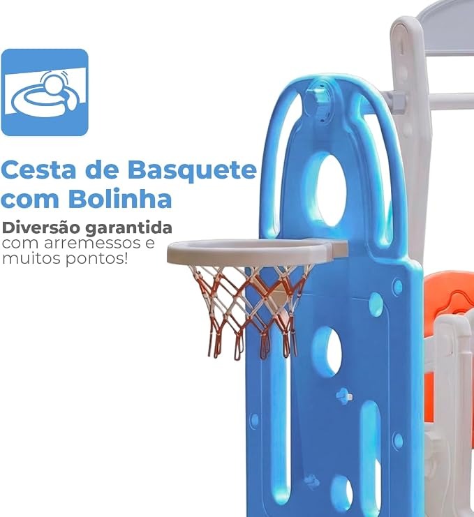 Balanço Infantil Playground 2 em 1 de Plástico com Cesta de Basquete e Bola, Brinquedo Seguro, Resistente, Fácil Montagem e Limpeza, para Crianças de 2 a 6 Anos Uso Interno e Externo (Azul)
