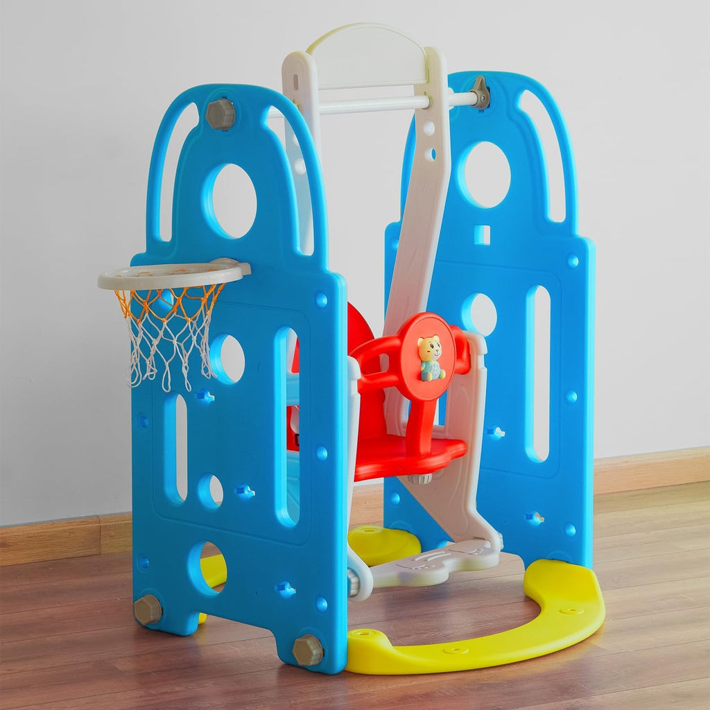 Balanço Infantil Playground 2 em 1 de Plástico com Cesta de Basquete e Bola, Brinquedo Seguro, Resistente, Fácil Montagem e Limpeza, para Crianças de 2 a 6 Anos Uso Interno e Externo (Azul)